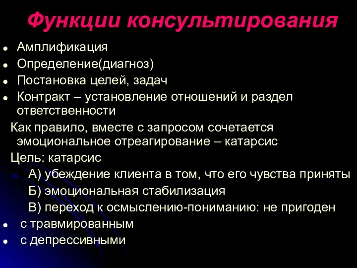 Функции консультирования Амплификация Определение(диагноз) Постановка целей, задач Контракт – установление отношений