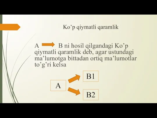 Ko’p qiymatli qaramlik A B ni hosil qilgandagi Ko’p qiymatli qaramlik