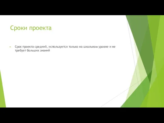 Сроки проекта Срок проекта средний, используется только на школьном уровне и не требует больших знаний