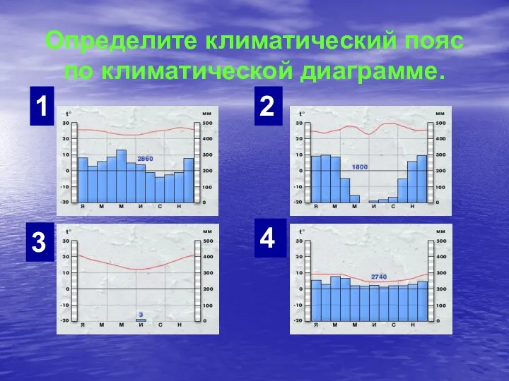 Определите климатический пояс по климатической диаграмме. 1 2 3 4