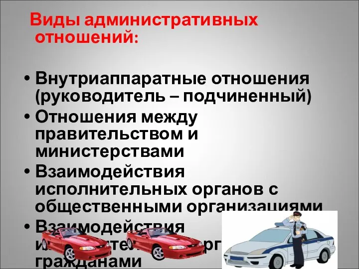 Виды административных отношений: Внутриаппаратные отношения (руководитель – подчиненный) Отношения между правительством