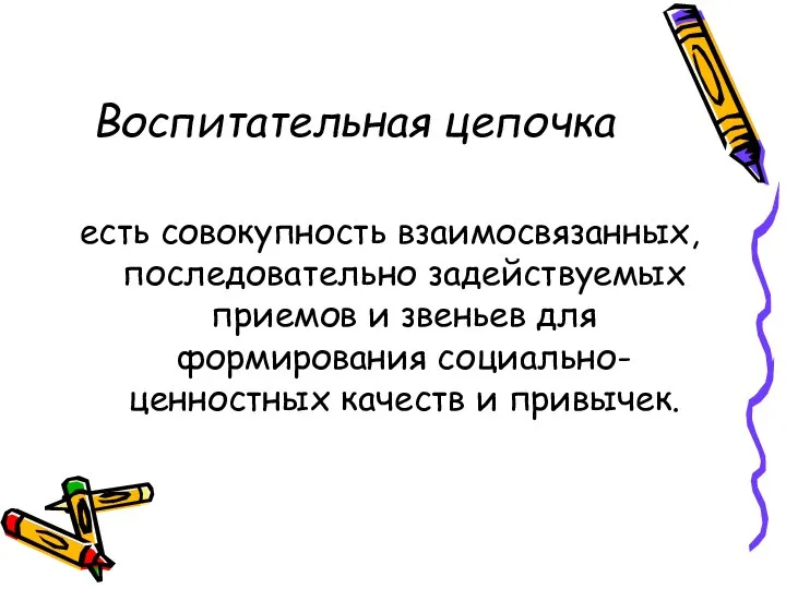 Воспитательная цепочка есть совокупность взаимосвязанных, последовательно задействуемых приемов и звеньев для формирования социально-ценностных качеств и привычек.