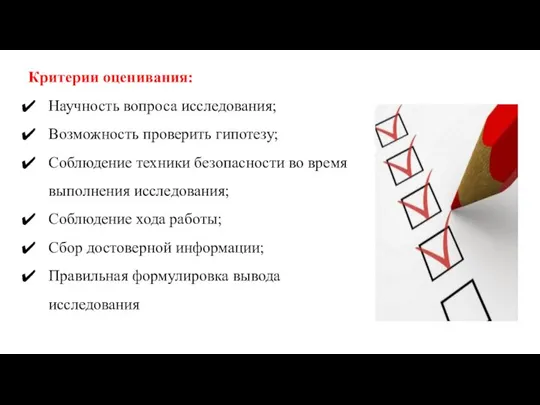 Критерии оценивания: Научность вопроса исследования; Возможность проверить гипотезу; Соблюдение техники безопасности