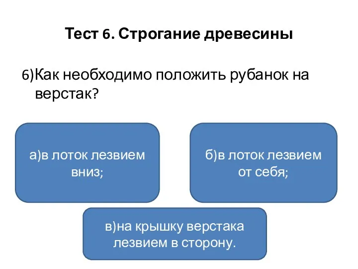 Тест 6. Строгание древесины 6)Как необходимо положить рубанок на верстак? а)в