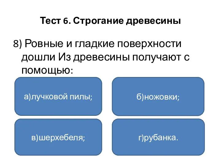 Тест 6. Строгание древесины 8) Ровные и гладкие поверхности дошли Из