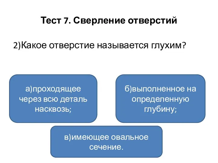 Тест 7. Сверление отверстий 2)Какое отверстие называется глухим? а)проходящее через всю