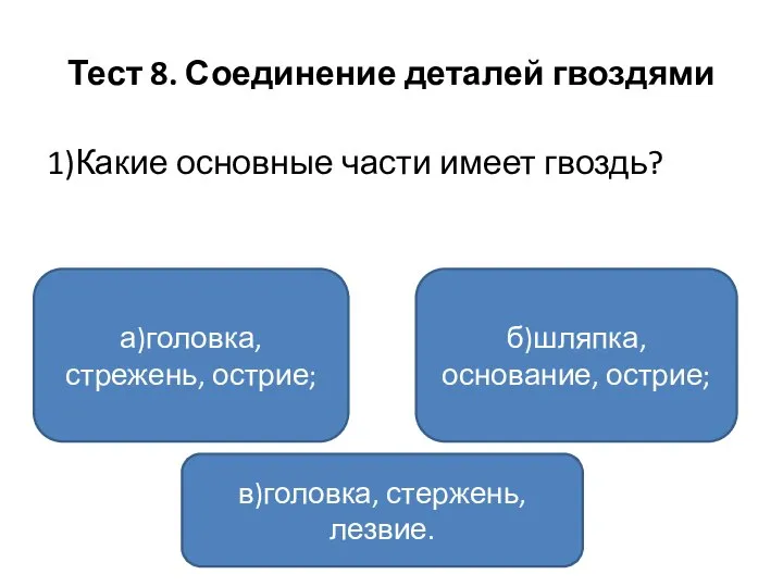 Тест 8. Соединение деталей гвоздями 1)Какие основные части имеет гвоздь? а)головка,