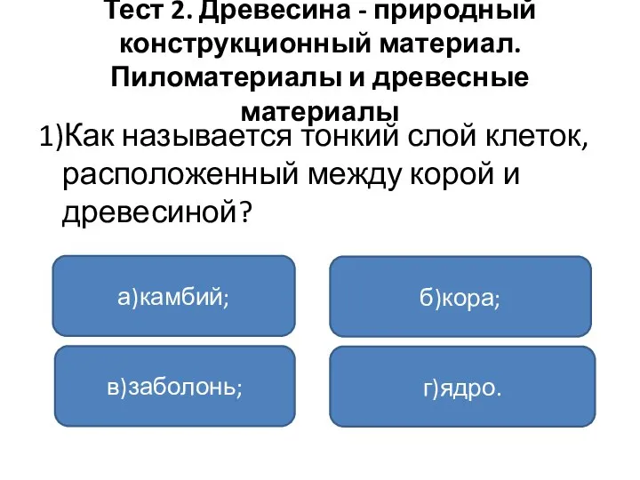 Тест 2. Древесина - природный конструкционный материал. Пиломатериалы и древесные материалы