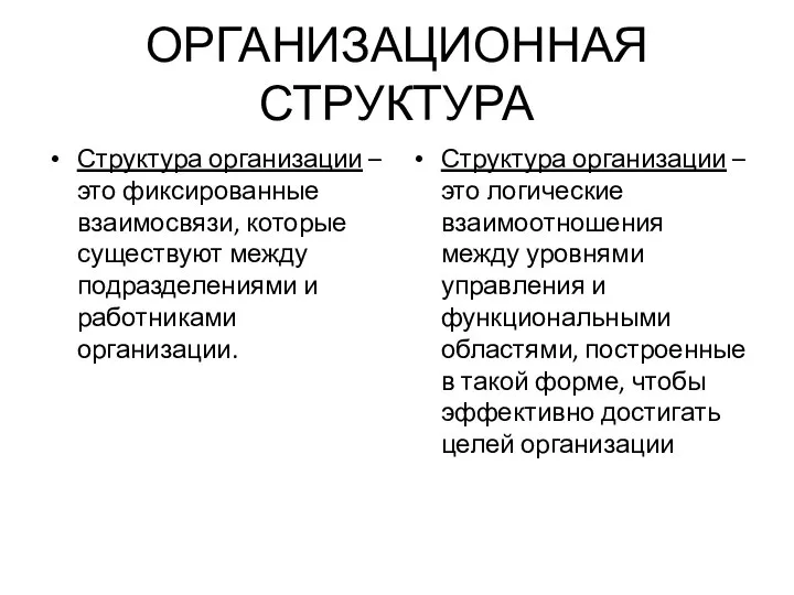 ОРГАНИЗАЦИОННАЯ СТРУКТУРА Структура организации – это фиксированные взаимосвязи, которые существуют между