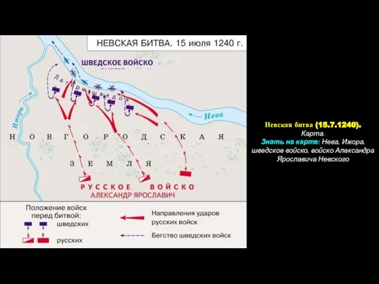 Невская битва (15.7.1240). Карта. Знать на карте: Нева, Ижора, шведское войско, войско Александра Ярославича Невского