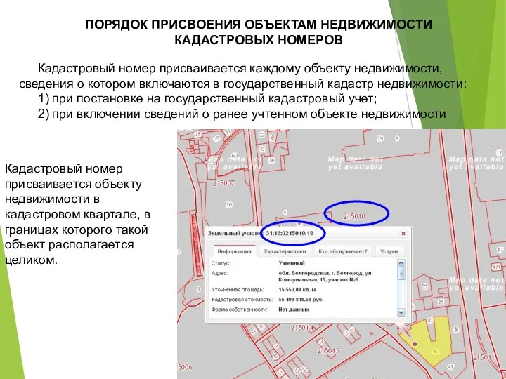 ПОРЯДОК ПРИСВОЕНИЯ ОБЪЕКТАМ НЕДВИЖИМОСТИ КАДАСТРОВЫХ НОМЕРОВ Кадастровый номер присваивается каждому объекту