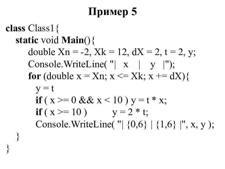 Пример 5 class Class1{ static void Main(){ double Xn = -2,