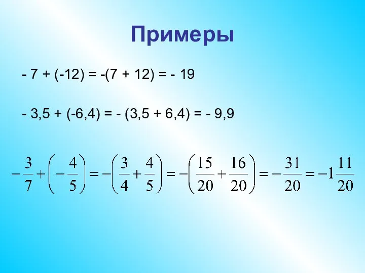Примеры - 7 + (-12) = -(7 + 12) = -