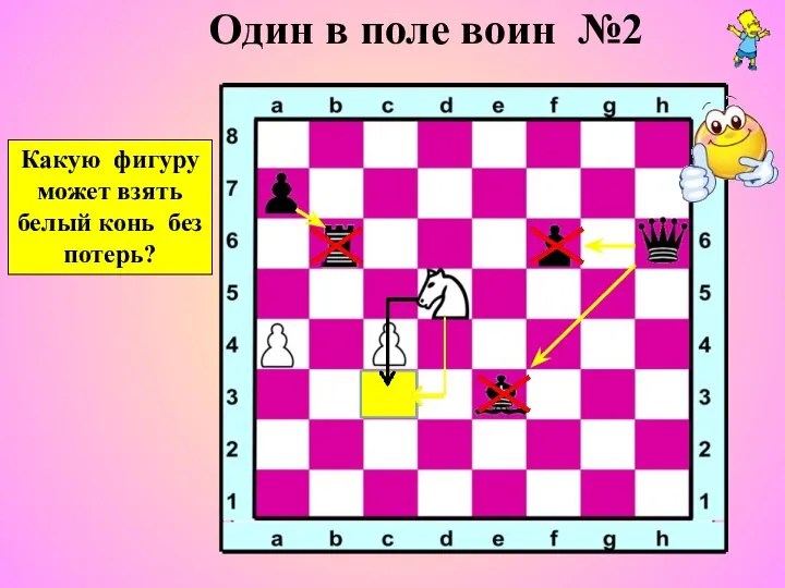 Один в поле воин №2 Какую фигуру может взять белый конь без потерь?