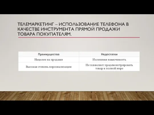 ТЕЛЕМАРКЕТИНГ – ИСПОЛЬЗОВАНИЕ ТЕЛЕФОНА В КАЧЕСТВЕ ИНСТРУМЕНТА ПРЯМОЙ ПРОДАЖИ ТОВАРА ПОКУПАТЕЛЯМ.