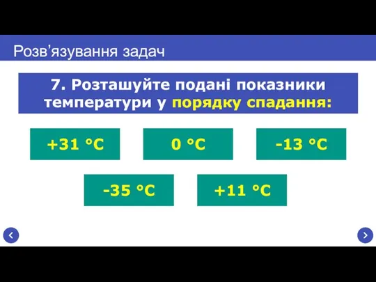 Розв’язування задач 7. Розташуйте подані показники температури у порядку спадання: +31