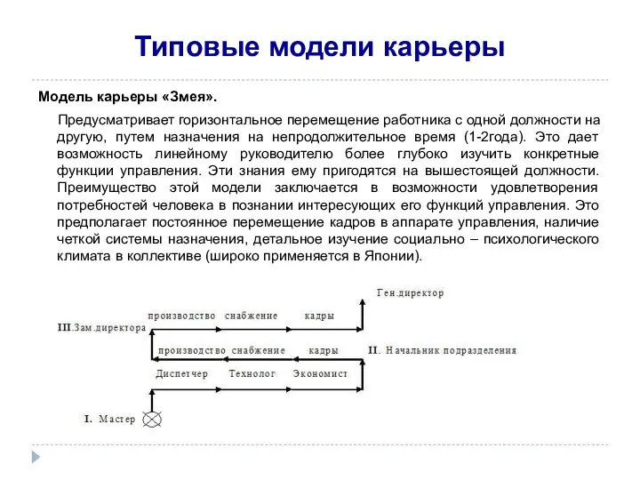 Типовые модели карьеры Модель карьеры «Змея». Предусматривает горизонтальное перемещение работника с