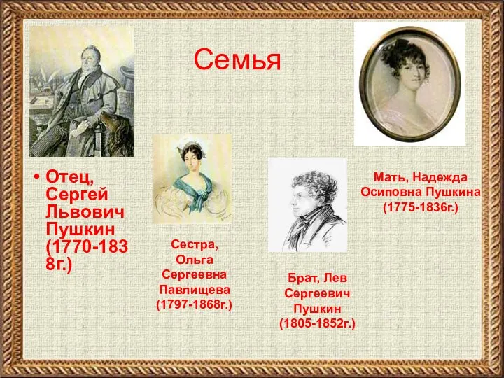 Отец, Сергей Львович Пушкин (1770-1838г.) Семья Мать, Надежда Осиповна Пушкина (1775-1836г.)