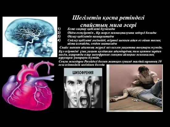 Шегілетін қоспа ретіндегі спайстың миға әсері Есте сақтау қабілеті бұзылады Ойды