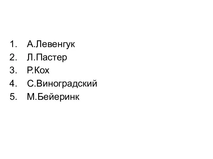 А.Левенгук Л.Пастер Р.Кох С.Виноградский М.Бейеринк