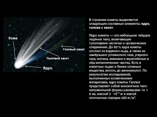 В строении кометы выделяются следующие составные элементы: ядро, голова и хвост.
