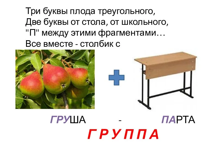 Три буквы плода треугольного, Две буквы от стола, от школьного, "П"