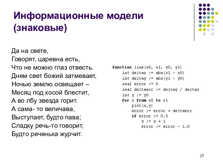 Информационные модели (знаковые) Да на свете, Говорят, царевна есть, Что не