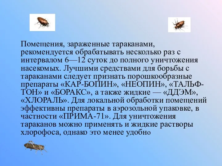 Помещения, зараженные тараканами, рекомендуется обрабатывать несколько раз с интервалом 6—12 суток