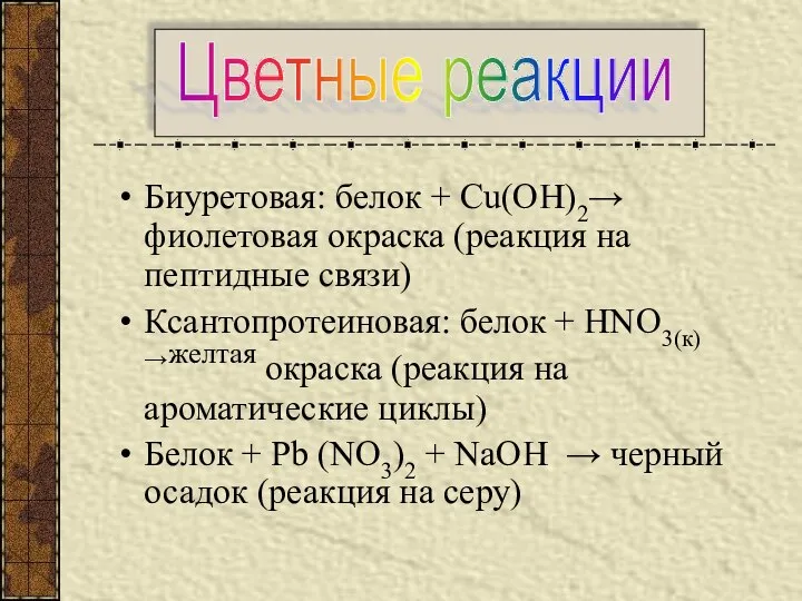 Биуретовая: белок + Сu(ОН)2→ фиолетовая окраска (реакция на пептидные связи) Ксантопротеиновая: