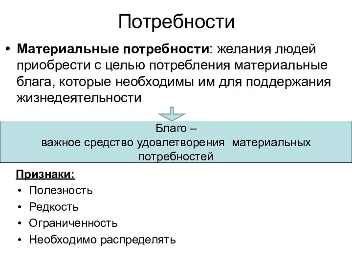 Потребности Материальные потребности: желания людей приобрести с целью потребления материальные блага,