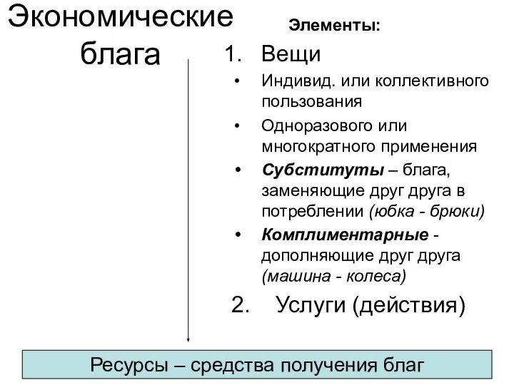 Экономические блага Элементы: Вещи Индивид. или коллективного пользования Одноразового или многократного