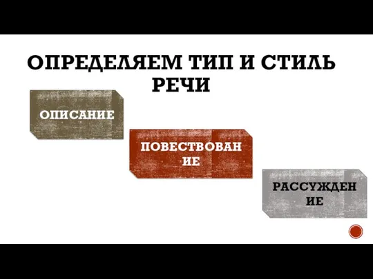 ОПРЕДЕЛЯЕМ ТИП И СТИЛЬ РЕЧИ ОПИСАНИЕ ПОВЕСТВОВАНИЕ РАССУЖДЕНИЕ