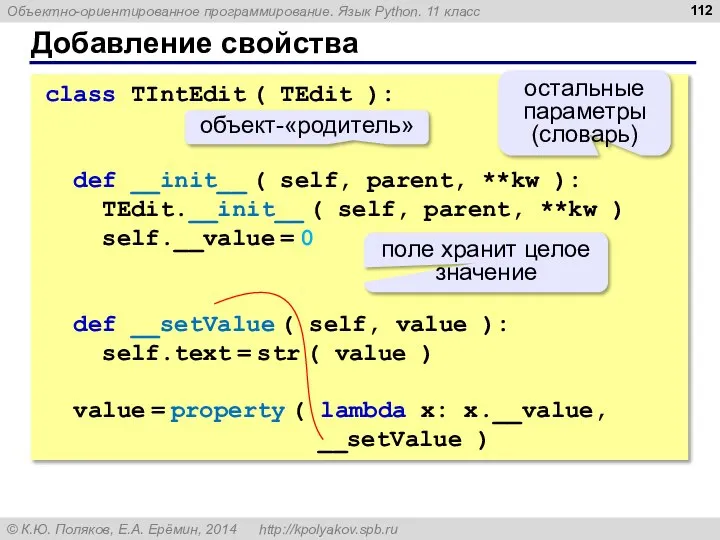 Добавление свойства class TIntEdit ( TEdit ): def __init__ ( self,