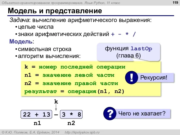 Модель и представление Задача: вычисление арифметического выражения: целые числа знаки арифметических