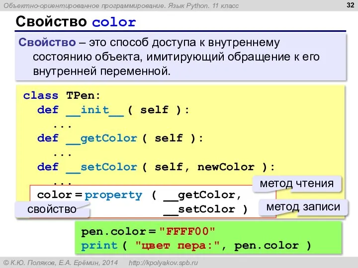 Свойство color class TPen: def __init__ ( self ): ... def