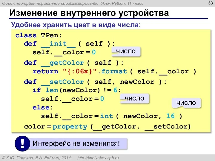 Изменение внутреннего устройства class TPen: def __init__ ( self ): self.__color