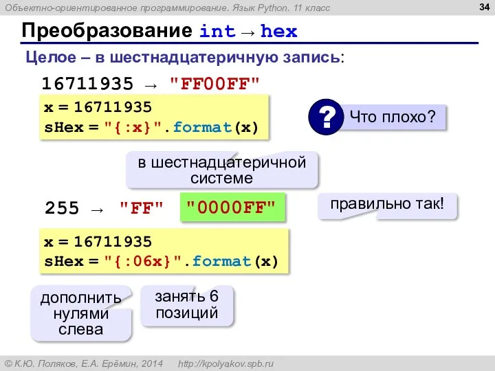 Преобразование int → hex Целое – в шестнадцатеричную запись: "0000FF" правильно