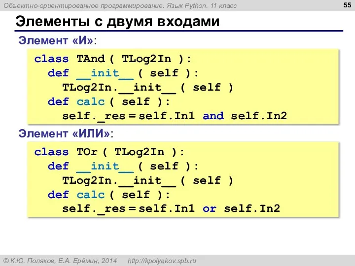 Элементы с двумя входами class TAnd ( TLog2In ): def __init__