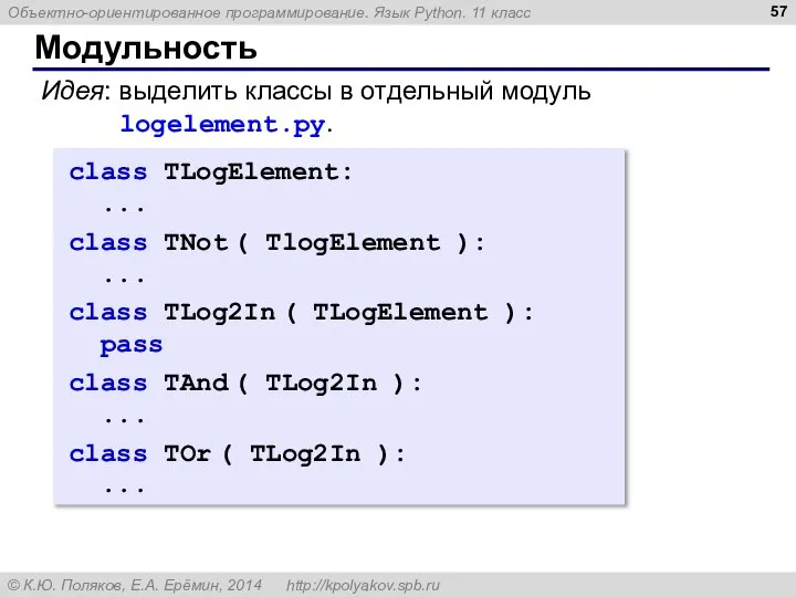 Модульность class TLogElement: ... class TNot ( TlogElement ): ... class