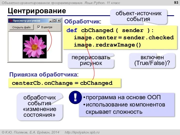 Центрирование Обработчик: def cbChanged ( sender ): image.center = sender.checked image.redrawImage()