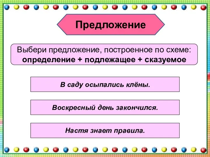 Предложение Выбери предложение, построенное по схеме: определение + подлежащее + сказуемое