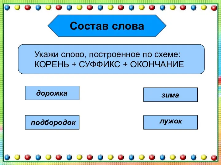 Состав слова Укажи слово, построенное по схеме: КОРЕНЬ + СУФФИКС + ОКОНЧАНИЕ подбородок зима лужок дорожка