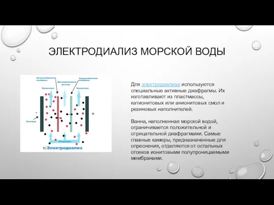 ЭЛЕКТРОДИАЛИЗ МОРСКОЙ ВОДЫ Для электродиализа используются специальные активные диафрагмы. Их изготавливают