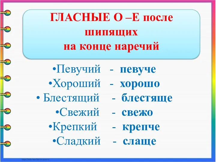 ГЛАСНЫЕ О –Е после шипящих на конце наречий Певучий - певуче