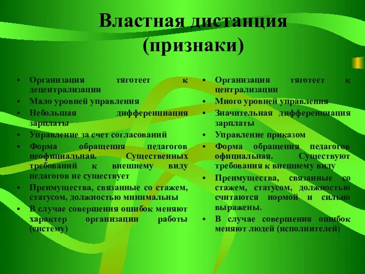 Властная дистанция (признаки) Организация тяготеет к децентрализации Мало уровней управления Небольшая