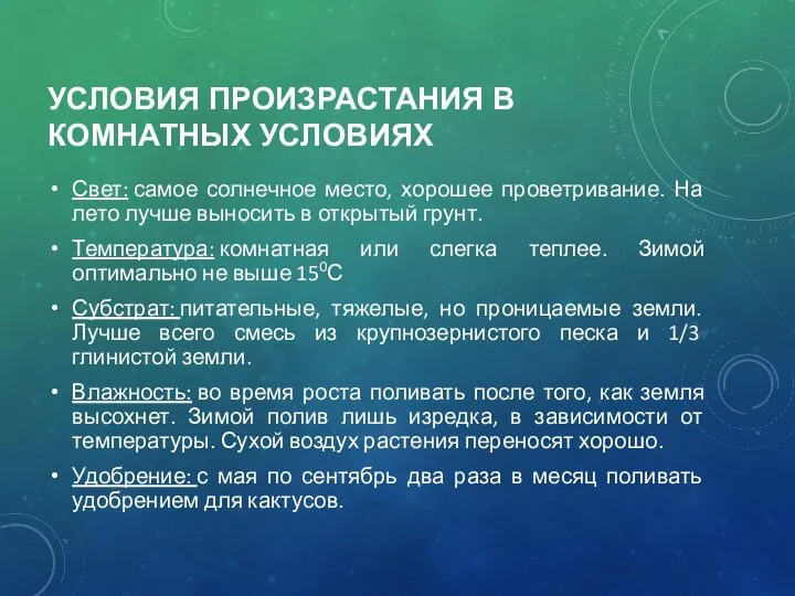 УСЛОВИЯ ПРОИЗРАСТАНИЯ В КОМНАТНЫХ УСЛОВИЯХ Свет: самое солнечное место, хорошее проветривание.