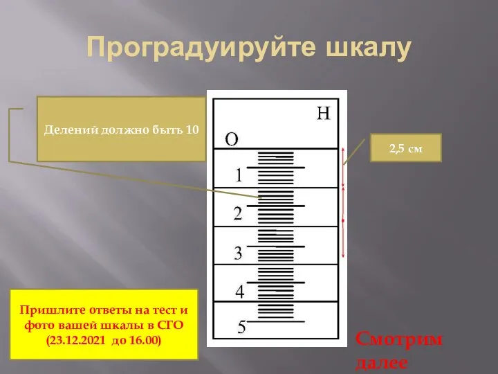 Проградуируйте шкалу 2,5 см Делений должно быть 10 Пришлите ответы на