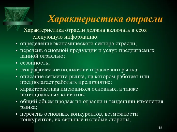 Характеристика отрасли Характеристика отрасли должна включать в себя следующую информацию: определение