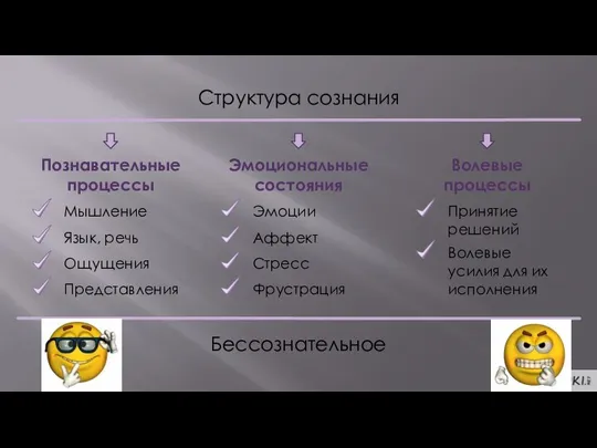 Структура сознания Познавательные процессы Эмоциональные состояния Волевые процессы Мышление Язык, речь