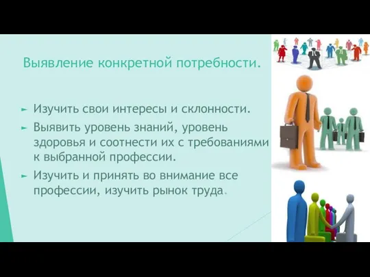 Выявление конкретной потребности. Изучить свои интересы и склонности. Выявить уровень знаний,